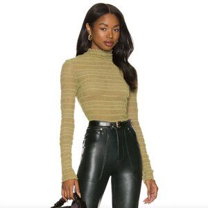 NWT More To Come Olive Green "Sadie" Ruched High Neck Semi Sheer Mesh Top sz XS